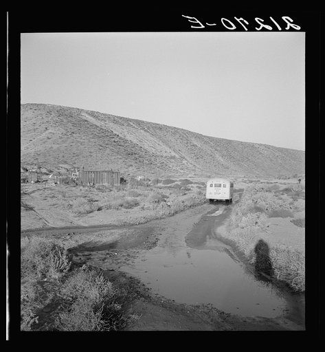 Untitled photo, possibly related to: School bus starts up the flat 7:30 a.m. to collect children of new settlers. Malheur County, Oregon. General caption 67-1V