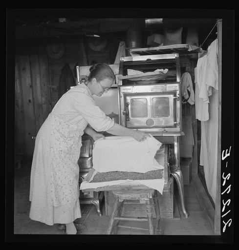 Untitled photo, possibly related to: Mrs. Hull drying corn. She hopes to sell enough to help her son through Bible school. Dead Ox Flat, Malheur County, Oregon
