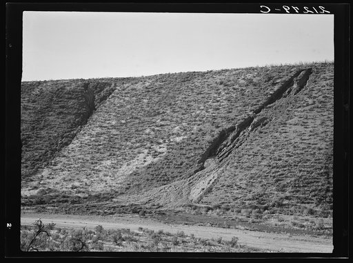 Water seepage from newly irrigated land on top of bench, eroding the sides. A problem for the Reclamation Servive. Dead Ox Flat, Malheur County, Oregon