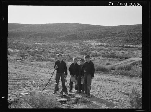 Untitled photo, possibly related to: Boys wait for school bus in the morning. Malheur County, Oregon. General caption number 67-1V