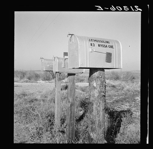 Mailboxes of new settlers on the bench lands. Myssa Heights, Malheur County, Oregon