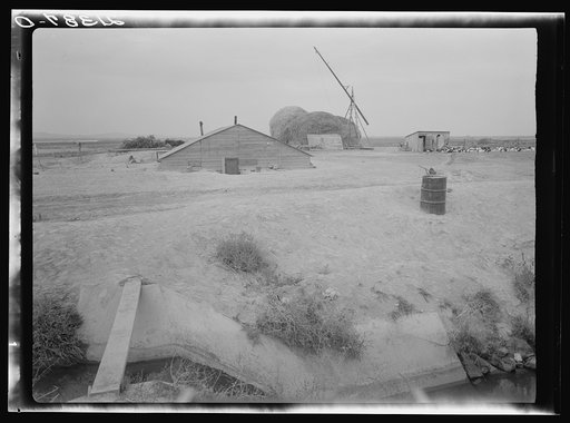 Home of family from Oklahoma now living at Dead Ox Flat, Malheur County, Oregon. Note irrigation ditch. They haul their drinking water from town