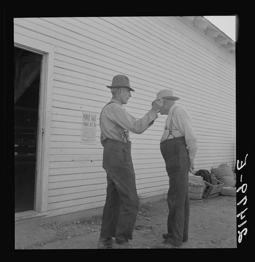 Oregon farmers, old settlers, at farmer's public sale, Saturday. Nyssa, Malheur County, Oregon