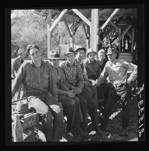 Untitled photo, possibly related to: Men working in mill. Ola self-help sawmill co-op. Gem County, Idaho. Man in rear center in black hat is FSA (Farm Security Administration) county supervisor. General caption 48