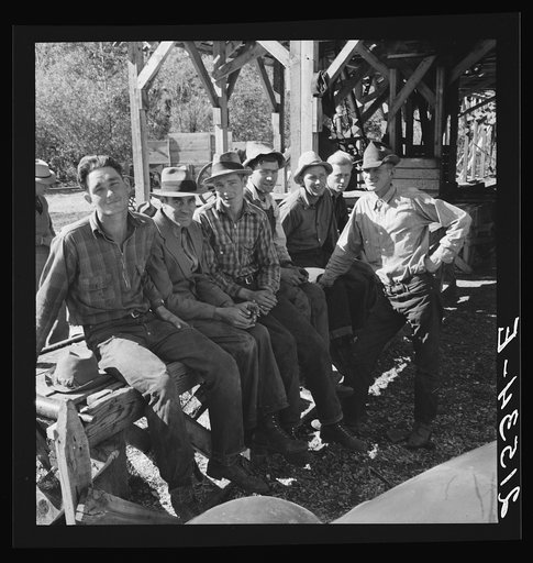Untitled photo, possibly related to: Men working in mill. Ola self-help sawmill co-op. Gem County, Idaho. Man in rear center in black hat is FSA (Farm Security Administration) county supervisor. General caption 48
