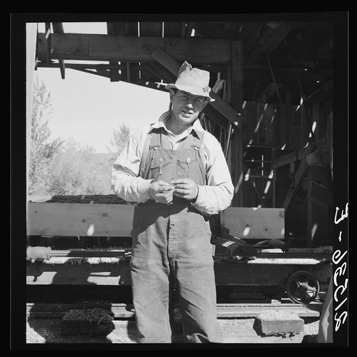 Untitled photo, possibly related to: Men working in mill. Ola self-help sawmill co-op. Gem County, Idaho. Man in rear center in black hat is FSA (Farm Security Administration) county supervisor. General caption 48