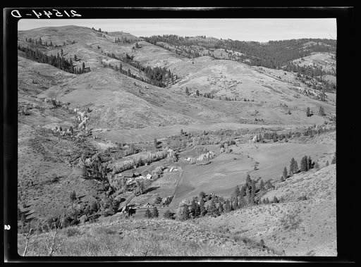 Untitled photo, possibly related to: Looking down on Ola self-help co-op mill showing the upper end of Squaw Creek Valley, the creek lined with trees, the new dry shed near the mill, homes of co-op members and cultivated surrounding fields. Gem County, Idaho