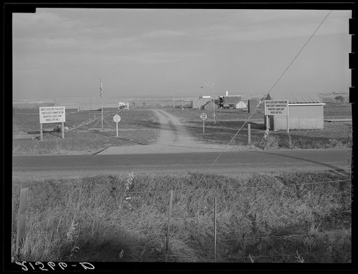 Untitled photo, possibly related to: Entrance to Nyssa Farm family labor camp, FSA (Farm Security Administration) mobile unit number 1, just established before opening of beet season. Near Nyssa, Oregon