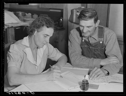 Farm Security Administration borrowers on new farm keep account of their loan. Dead Ox Flat, Malheur County, Oregon. General caption 67