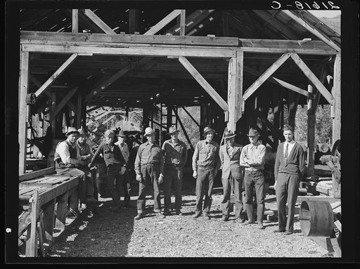 Untitled photo, possibly related to: Men working in mill. Ola self-help sawmill co-op. Gem County, Idaho. Man in rear center in black hat is FSA (Farm Security Administration) county supervisor. General caption 48