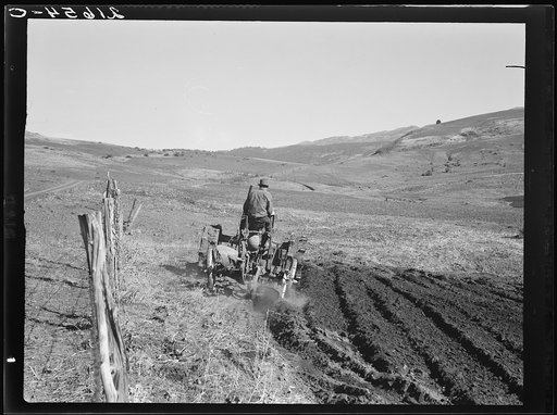 Untitled photo, possibly related to: Young Idaho farmer plowing in the fall of the year while the other members of the Ola self-help sawmill co-op are working in the sawmill. The tractor does work for five member families. Gem County, Idaho