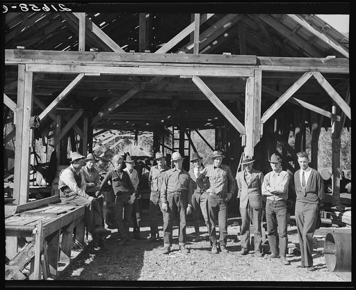 Men working in mill. Ola self-help sawmill co-op. Gem County, Idaho. Man in rear center in black hat is FSA (Farm Security Administration) county supervisor. General caption 48