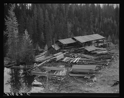 Small privately owned mill in the woods, recently discontinued. All the large mills in this area have cut out. Mission Creek, Boundary County, Idaho. General caption 49
