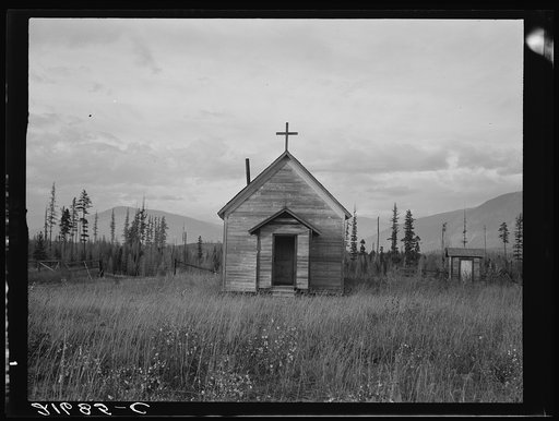 Untitled photo, possibly related to: Abandoned church in cut-over area. Boundary County, Idaho. Two miles south of Canadian line