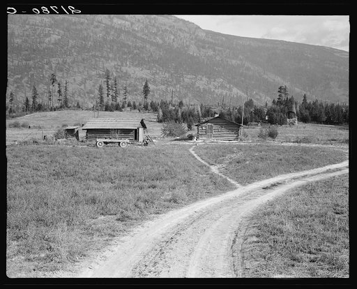 Log buildings and cleared land on FSA (Farm Security Administration) borrower's place. Boundary County, Idaho. See general caption 56
