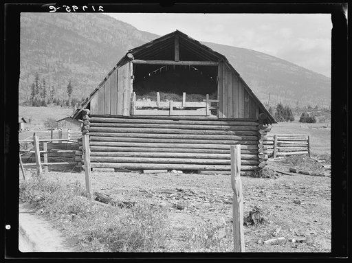 Log barn. FSA (Farm Security Administration) borrower plans to develop dairy ranch. Log home in background. Boundary County, Idaho. See general caption 56