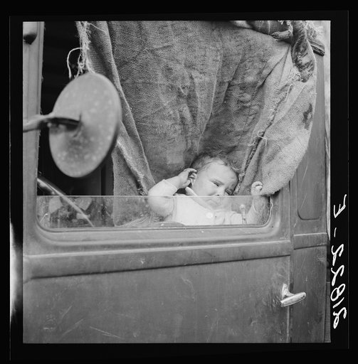 Untitled photo, possibly related to: Baby from Mississippi parked in truck at FSA (Farm Security Administration) camp, Merrill, Oregon. See general caption 62