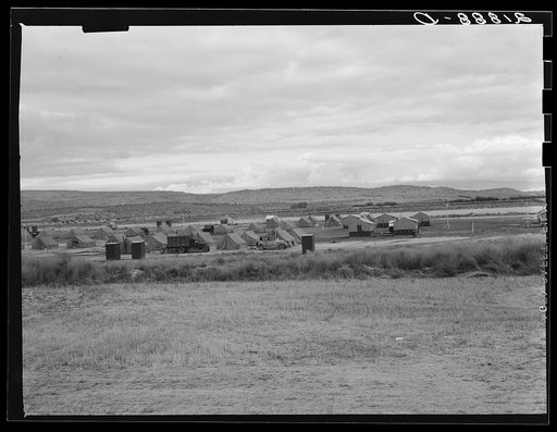 Untitled photo, possibly related to: View of first FSA (Farm Security Administration) mobile camp unit in Klamath Basin, Oregon. See general caption 62