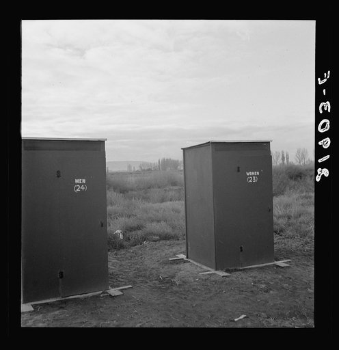 Twenty-four portable toilets, mobile camp (FSA - Farm Security Administration) equipment.  Merrill, Klamath County, Oregon
