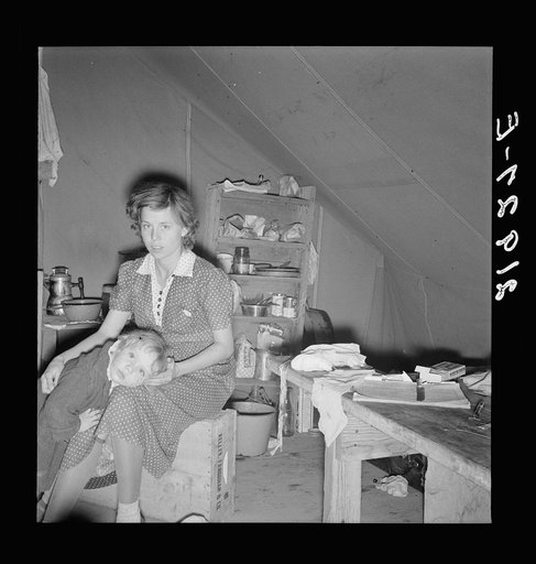 Untitled photo, possibly related to: Young mother, aged twenty-two, has one little girl three years old. Merrill, Klamath County, Oregon. In mobile unit of FSA (Farm Security Administration) camp. New baby expected in December. During this year she has worked with her husband in: strawberries (Helve