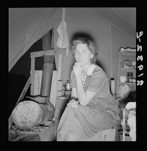 Untitled photo, possibly related to: Young mother, aged twenty-two, has one little girl three years old. Merrill, Klamath County, Oregon. In mobile unit of FSA (Farm Security Administration) camp. New baby expected in December. During this year she has worked with her husband in: strawberries (Helve