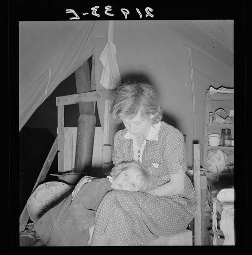 Untitled photo, possibly related to: Young mother, aged twenty-two, has one little girl three years old. Merrill, Klamath County, Oregon. In mobile unit of FSA (Farm Security Administration) camp. New baby expected in December. During this year she has worked with her husband in: strawberries (Helve