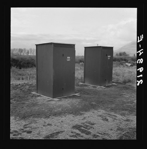 Untitled photo, possibly related to: Twenty-four portable toilets, mobile camp (FSA - Farm Security Administration) equipment. Merrill, Klamath County, Oregon