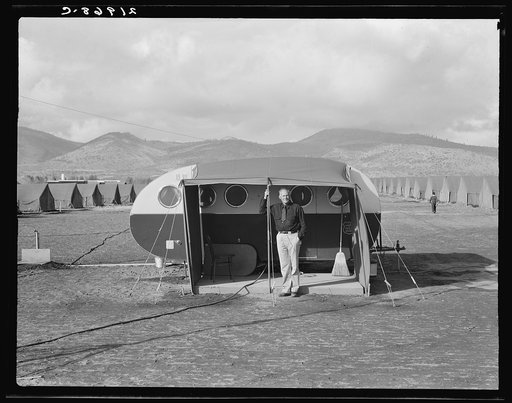 The camp manager, the office trailer and view of mobile camp (FSA - Farm Security Administration). Merrill, Klamath County, Oregon