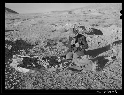 Untitled photo, possibly related to: Prospector testing ore samples. Esmeralda County, Nevada
