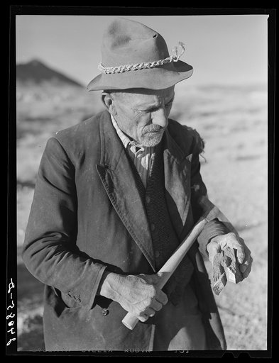 Rocky Mountain George with ore samples. Esmeralda County, Nevada