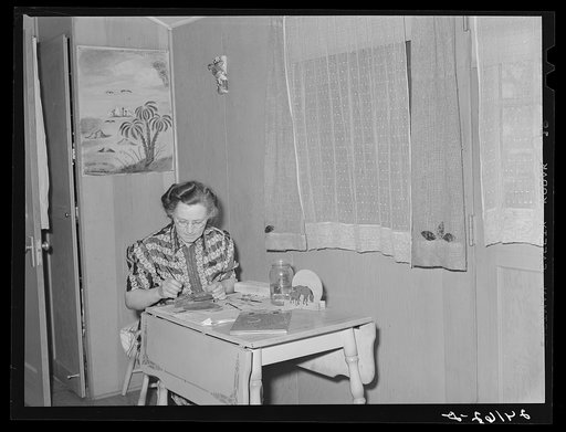 Interior of labor home showing handicraft work. Tulare migrant camp.  Visalia, California