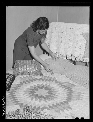 Interior of labor home showing handicraft work. Tulare migrant camp.  Visalia, California