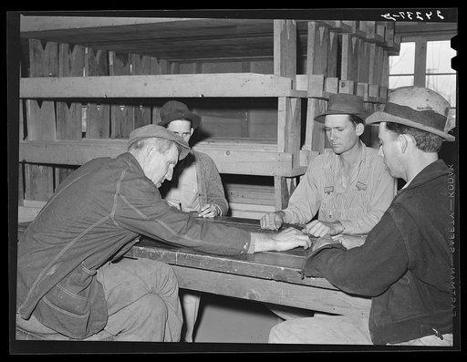 Men in recreation hall. Tulare migrant camp. Visalia, California