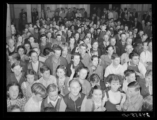 Audience watching play given by Arvin camp. Tulare migrant camp. Visalia, California