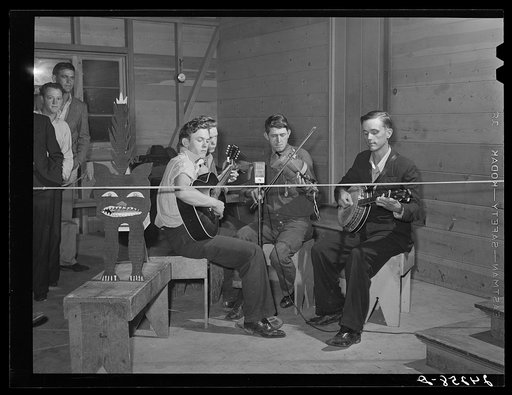 Band playing at Saturday night dance. Tulare migrant camp. Visalia, California