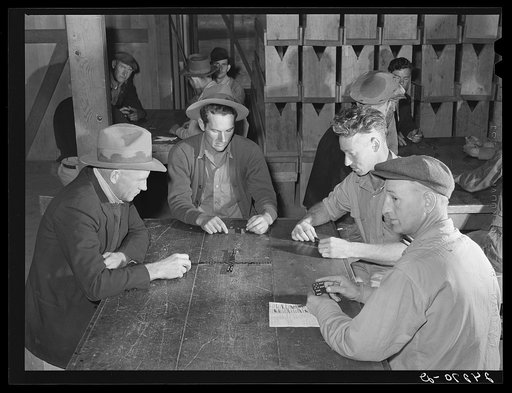 Men in recreation hall. Tulare migrant camp. Visalia, California