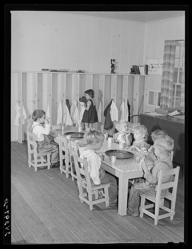 Nursery children eating after nap. Shafter migrant camp. Shafter, California