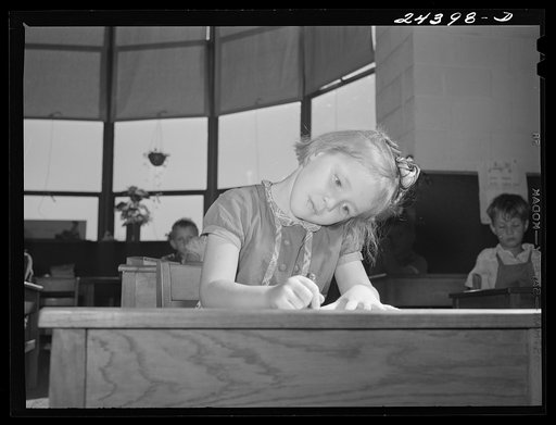 Untitled photo, possibly related to: Nursery school group drawing pictures. Homestead school, Dailey, West Virginia