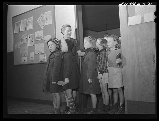 Second grade class leaving for school bus. Daily, West Virginia