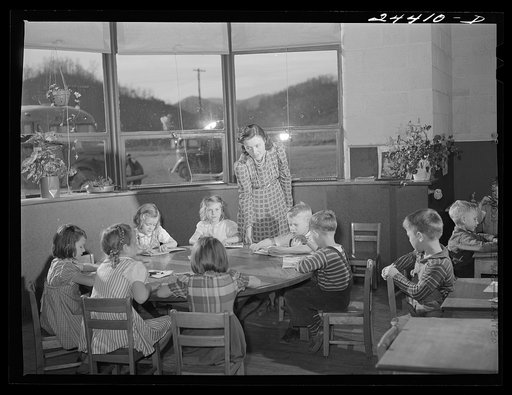 Untitled photo, possibly related to: Nursery school group drawing pictures. Homestead school, Dailey, West Virginia
