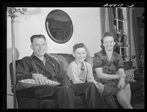 The Hardeman family at home late Saturday afternoon. Mr. Hardeman has returned from Morgantown, West Virginia, where he works during the week, to spend the weekend at home. Mrs. Hardeman is very interested in the weaving program. Dailey, West Virginia