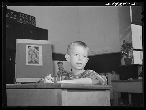 Untitled photo, possibly related to: Nursery school group drawing pictures. Homestead school, Dailey, West Virginia