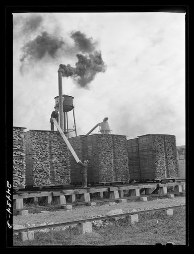 Stacks of lumber from the sawmill that will be converted into dimension pieces in the mill. Dailey, West Virginia