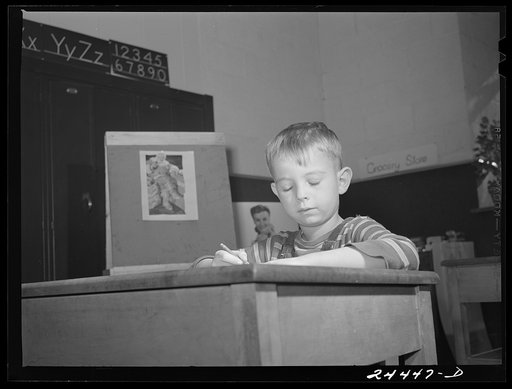 Untitled photo, possibly related to: Nursery school group drawing pictures. Homestead school, Dailey, West Virginia