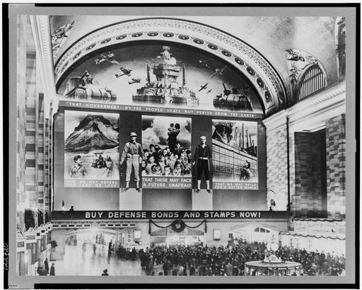 New York, New York. Photo mural to promote the sales of defense bonds, designed by Farm Security Administration, in concourse of Grand Central terminal