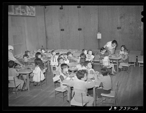 Untitled photo, possibly related to: Members of mother's committee serve lunch at nursery school. FSA (Farm Security Administration) camp. Robstown, Texas