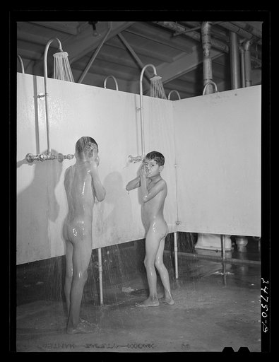 Boys in bathhouse. FSA (Farm Security Administration) camp. Robstown, Texas