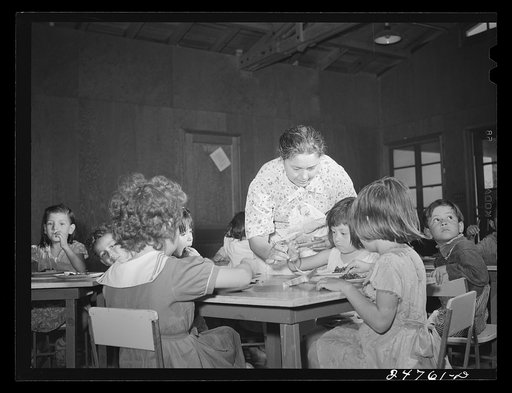 Members of mother's committee serve lunch at nursery school. FSA (Farm Security Administration) camp. Robstown, Texas