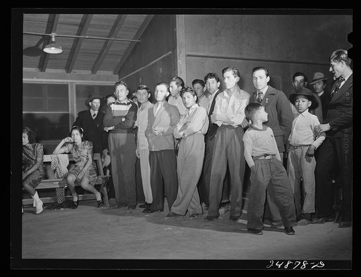 Stag line at Saturday night dance. Robstown camp, Texas