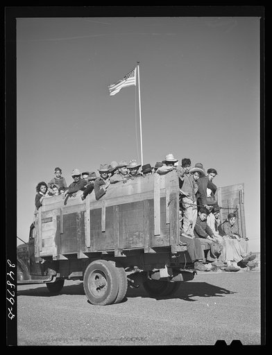 Migratory workers returning from day's work. Robstown FSA (Farm Security Administration) camp, Texas